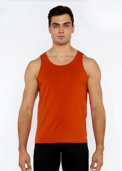 A solid orange sleeveless stretch jersey tank top with circle spine laser cut and a simple round neckline