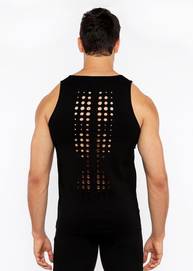 Black sleeveless stretch jersey tank with circular perforations down the back for stylish ventilation