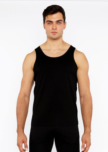 Black sleeveless tank top made of stretch jersey with circle spine laser cut design and a simple solid style