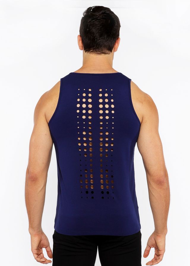 Navy blue stretch jersey tank top shown from the back with vertical circle cutouts along the spine