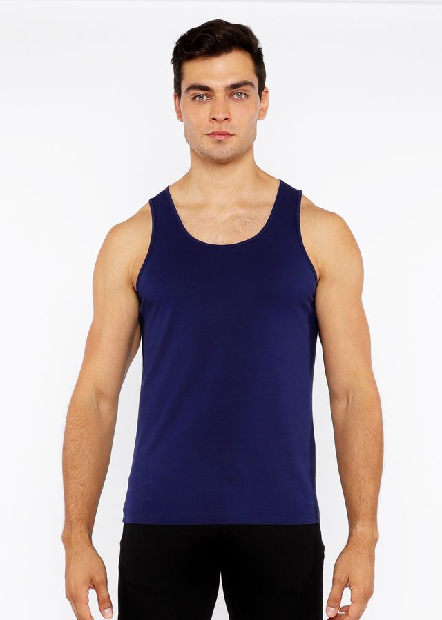 Navy blue sleeveless stretch jersey tank top with circle spine laser cut detailing for comfortable wear