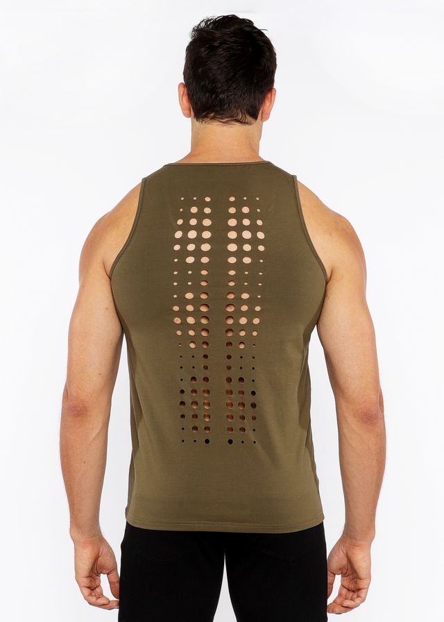 Back of olive green circle spine laser cut stretch jersey tank top with circular perforations down the back
