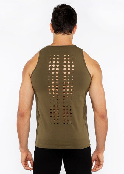 Back of olive green circle spine laser cut stretch jersey tank top with circular perforations down the back