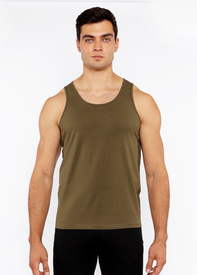 Olive green sleeveless tank top in stretch jersey with a fitted design and circle spine laser cut detailing