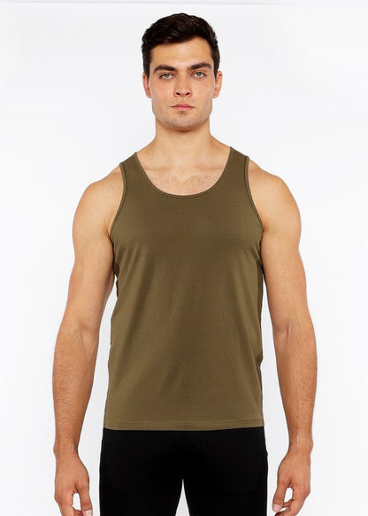Olive green sleeveless tank top in stretch jersey with a fitted design and circle spine laser cut detailing