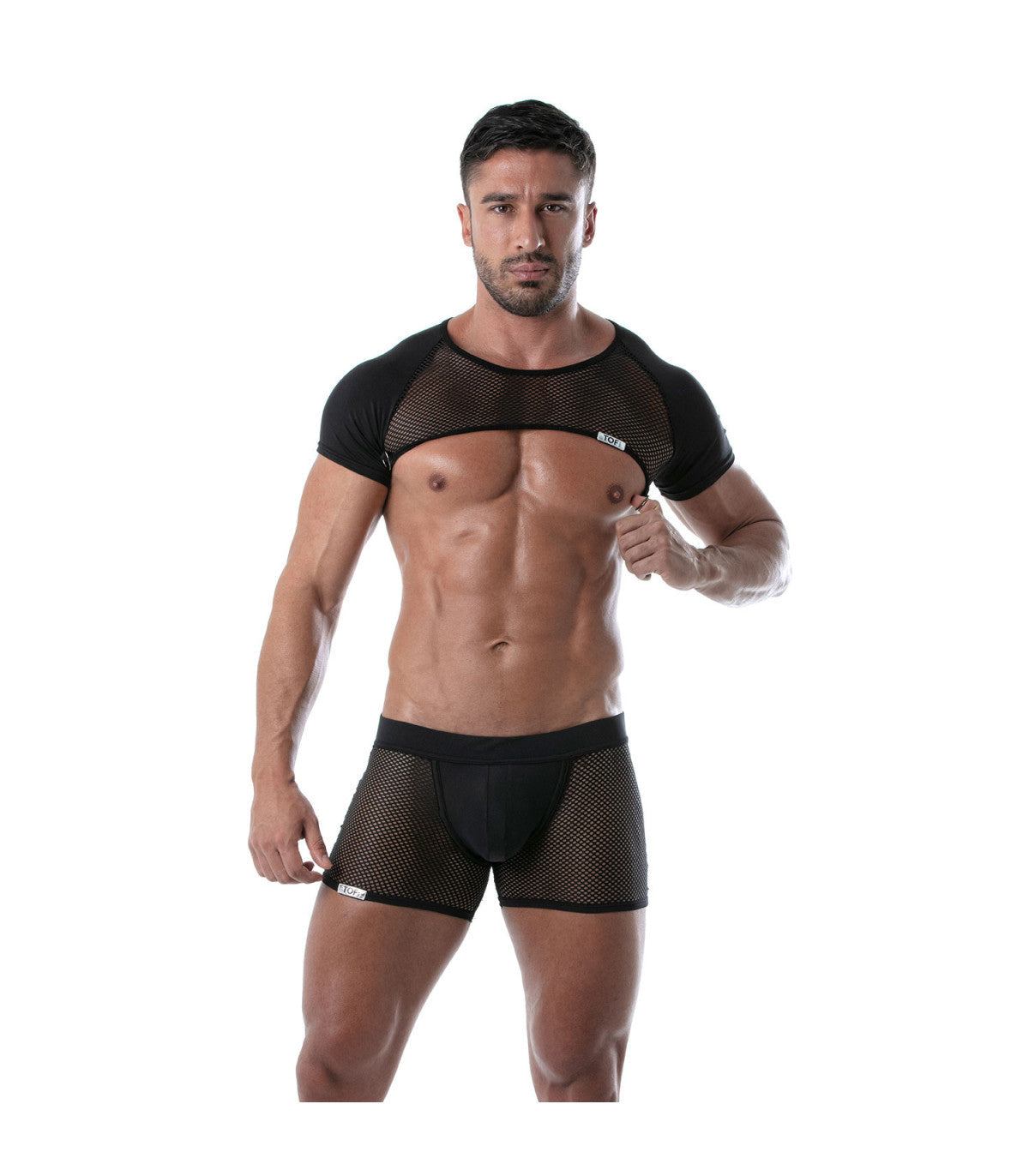 Black mesh top and shorts set circuit mesh full harness with short sleeves cut-out chest and solid black trim