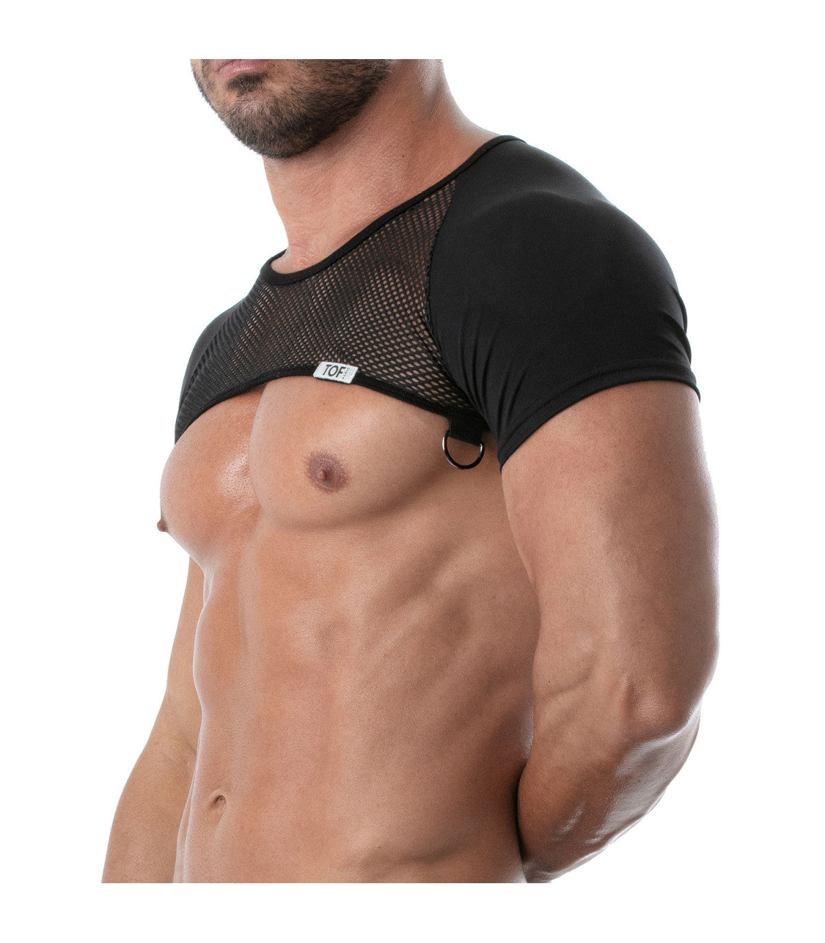 Black mesh shoulder support with short sleeves and branded label from circuit mesh full harness product line