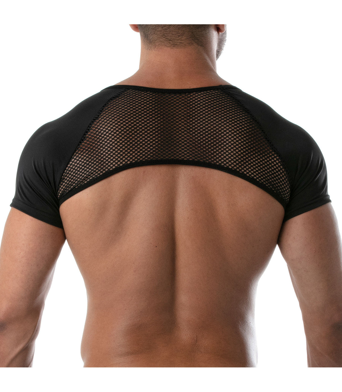 Black mesh shoulder panel short sleeve top with solid fabric sleeves and neckline in circuit mesh full harness style