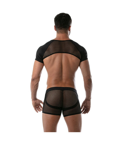 Black mesh circuit mesh full harness two-piece men’s underwear set with short sleeves and briefs front view