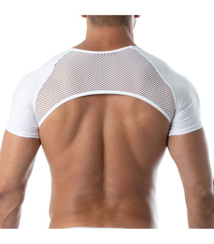 White mesh and solid fabric short-sleeved top with cutout back design shown from the back from circuit mesh full harness