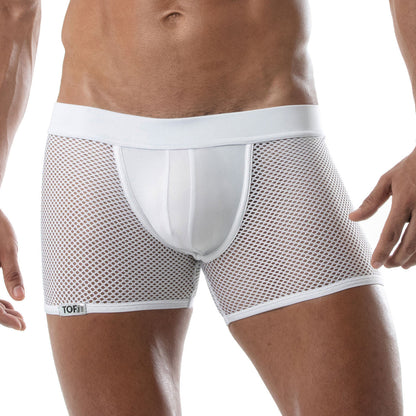 White mesh briefs circuit mesh jockshort with solid white front panel waistband and tofi brand label on leg