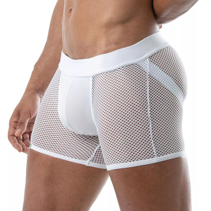 White mesh boxer briefs with solid white waistband and leg openings from the circuit mesh jockshort collection