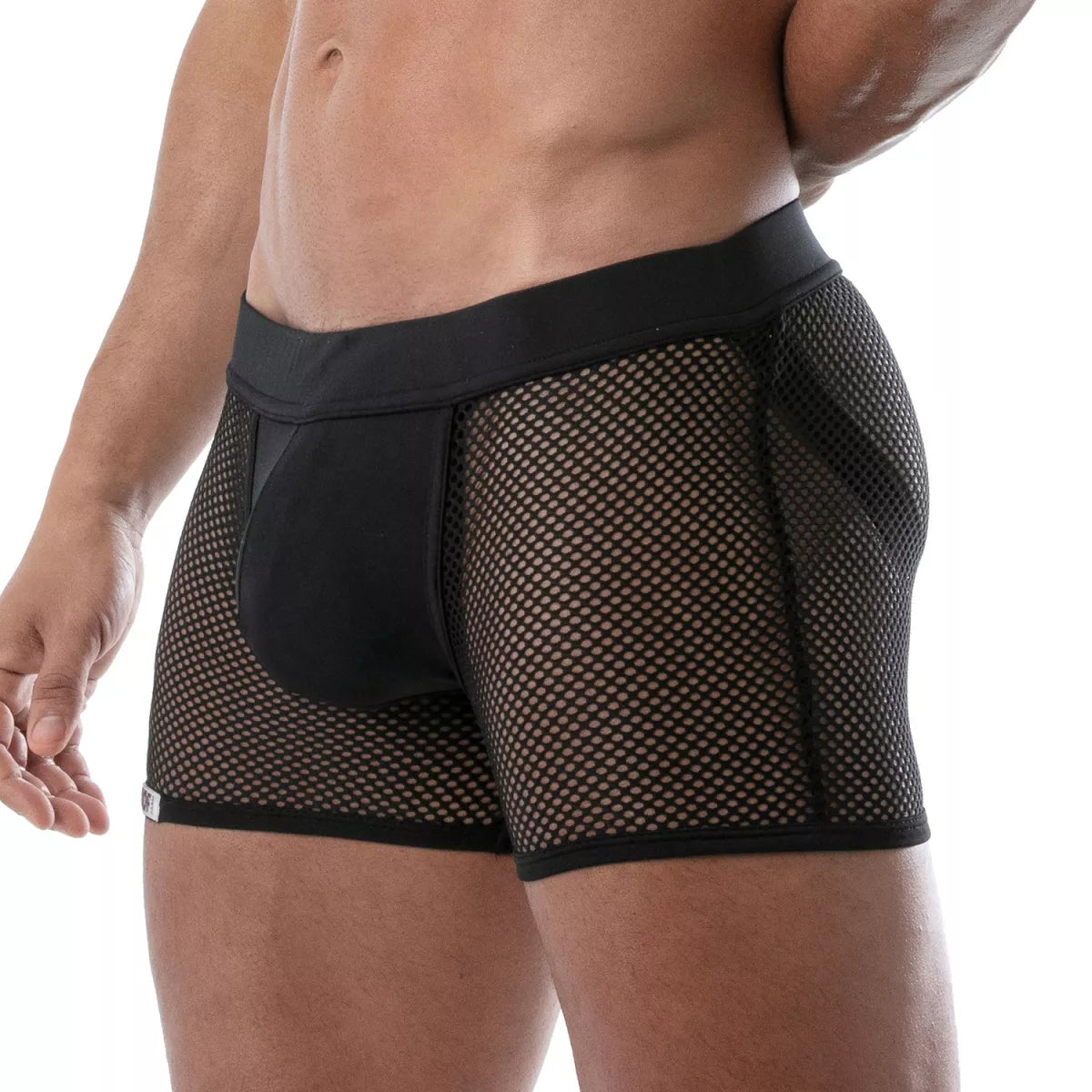 Black mesh circuit mesh jockshort boxer briefs with solid waistband and reinforced side panels front view