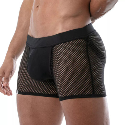 Black mesh circuit mesh jockshort boxer briefs with solid waistband and reinforced side panels front view