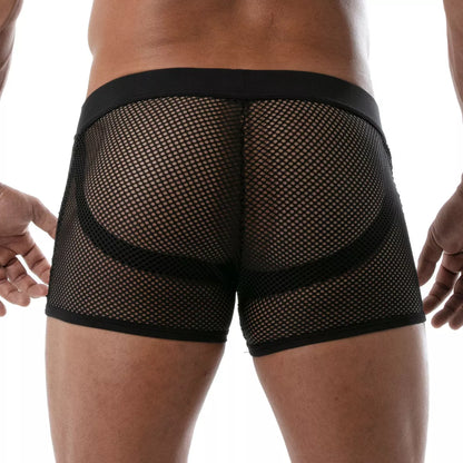Black mesh briefs circuit mesh jockshort with solid black waistband and leg openings visible from the front