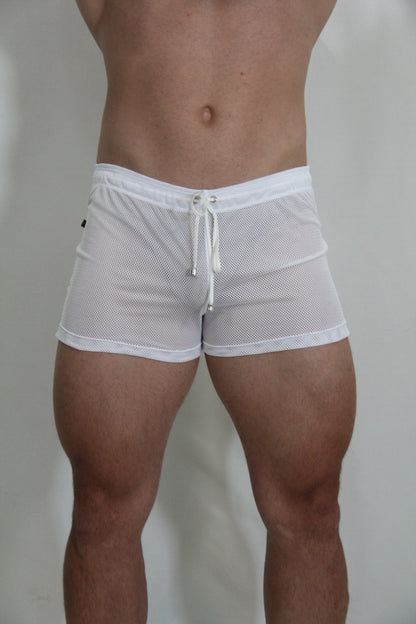 White mesh swim trunks with a drawstring waistband from the Circuit Mesh Short collection in four colors available