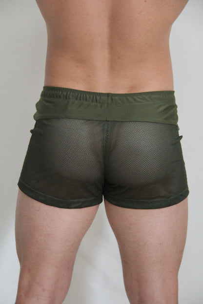 Olive green circuit mesh shorts with a solid elastic waistband made of breathable mesh fabric