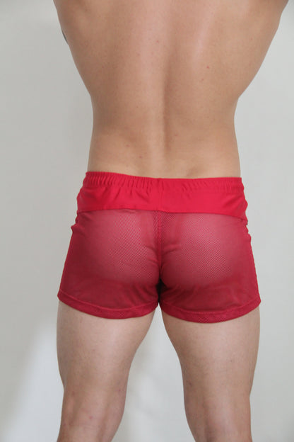 Red mesh shorts with a solid red elastic waistband from circuit mesh short available in 4 colors