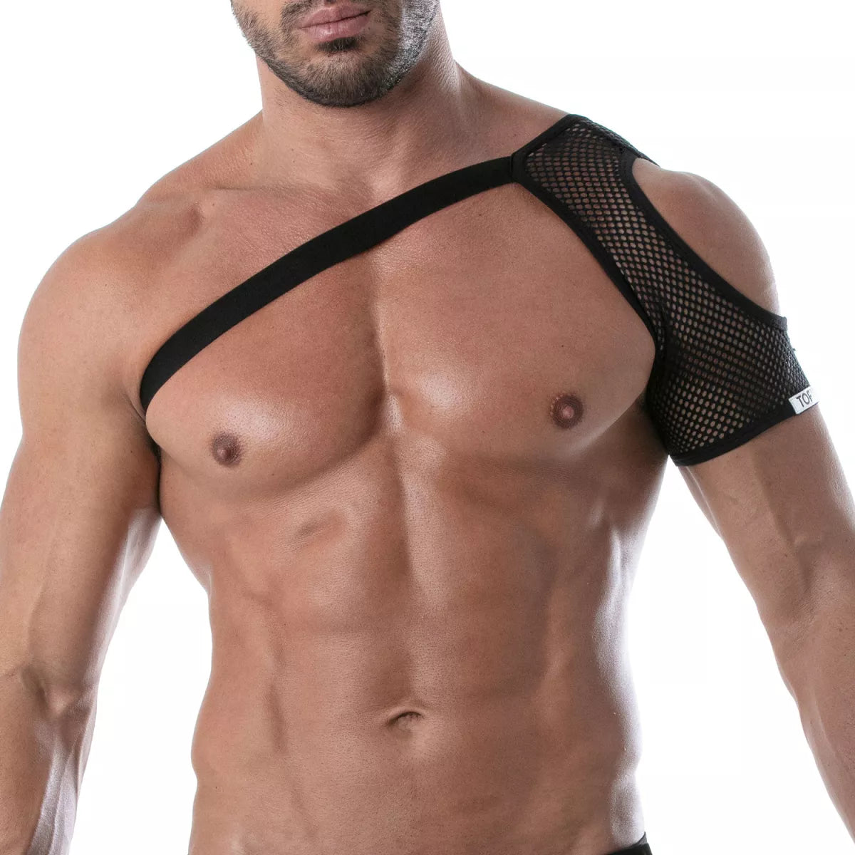 Black mesh shoulder harness with solid black strap designed for comfortable shoulder support and durability