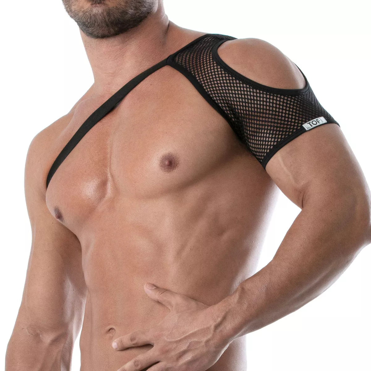 Black mesh circuit mesh shoulder harness with cutout shoulders and reinforced straps for support