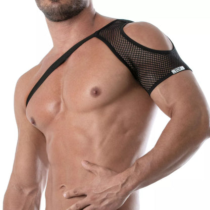 Black mesh circuit mesh shoulder harness with cutout shoulders and reinforced straps for support