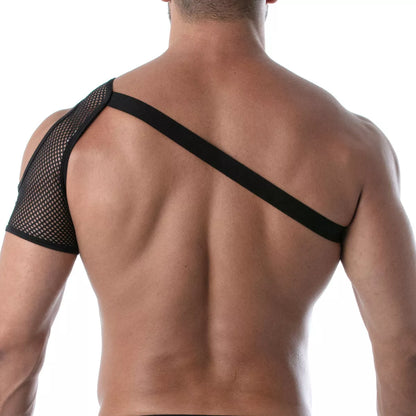 Black mesh shoulder harness with solid strap showing breathable support for ergonomic shoulder stability