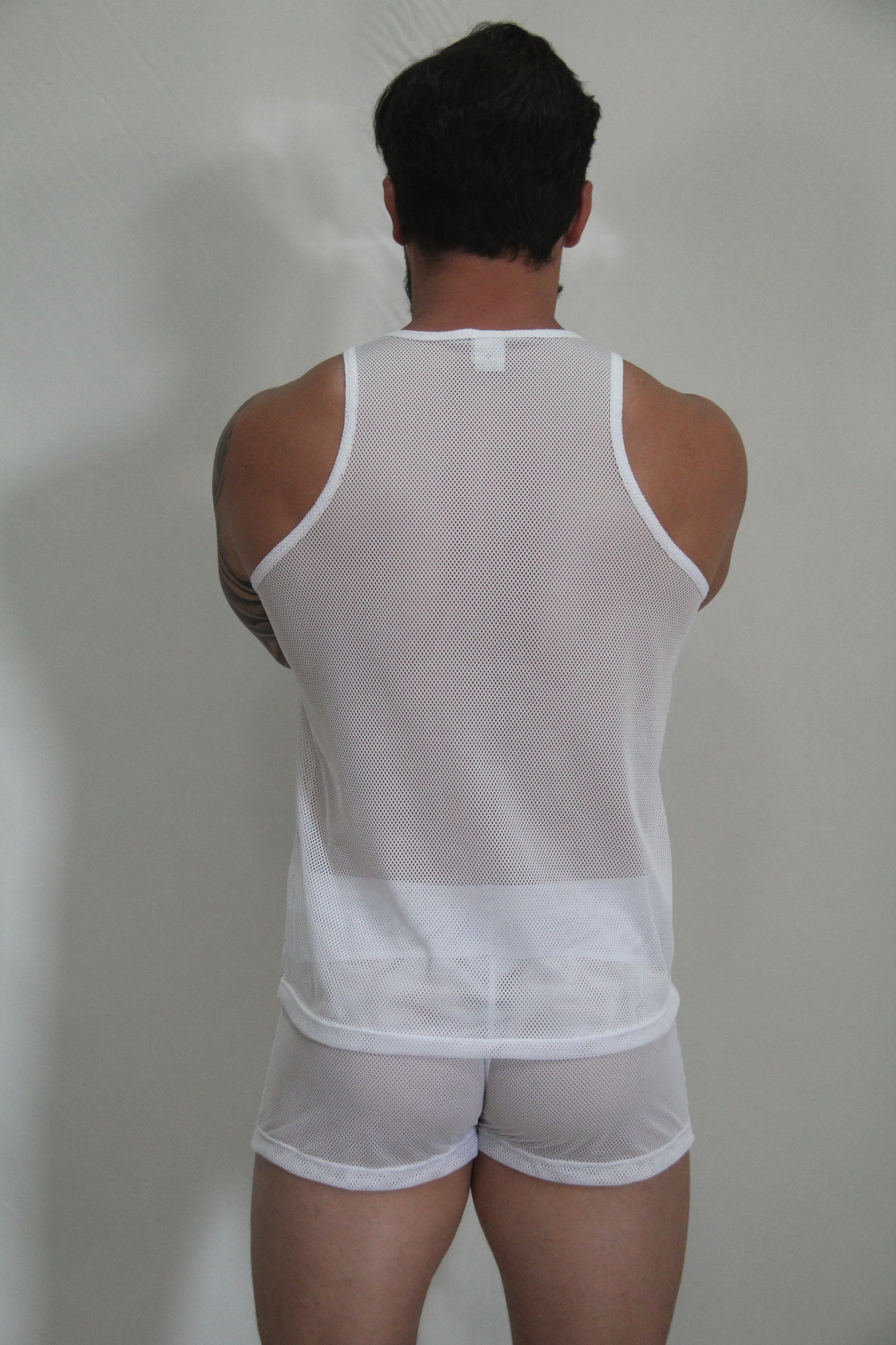 White mesh tank top with white trim and matching shorts from circuit mesh tanks available in four colors
