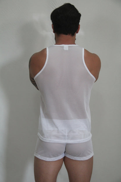 White mesh tank top with white trim and matching shorts from circuit mesh tanks available in four colors
