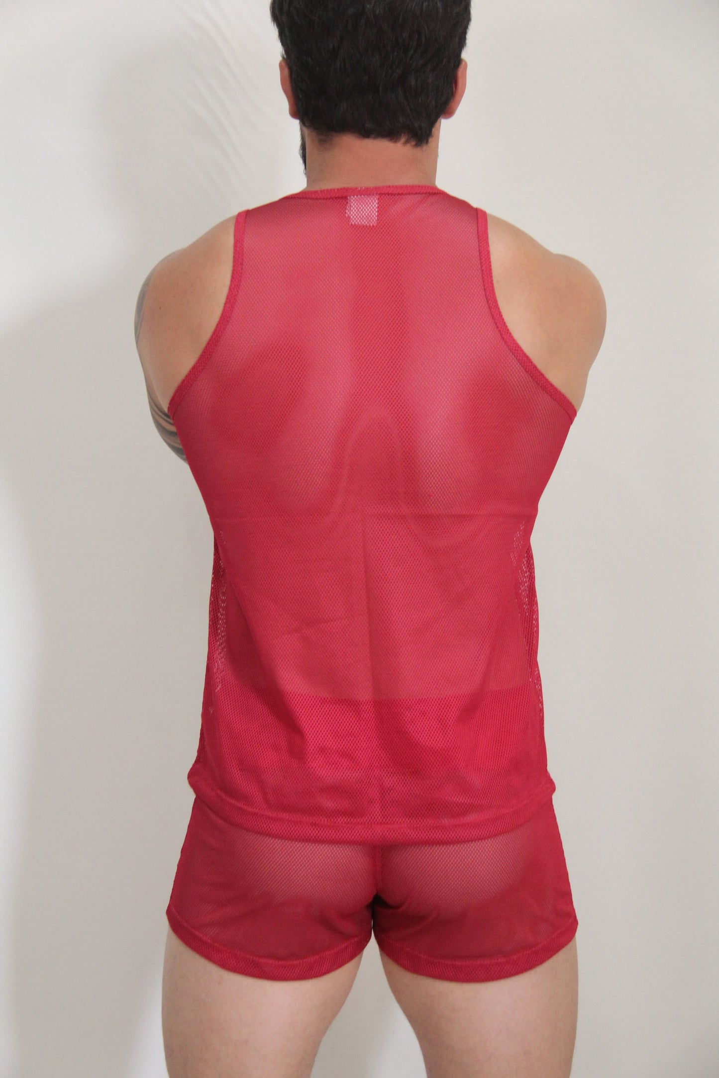 Red mesh tank top and matching shorts set from circuit mesh tanks with breathable fabric in red color