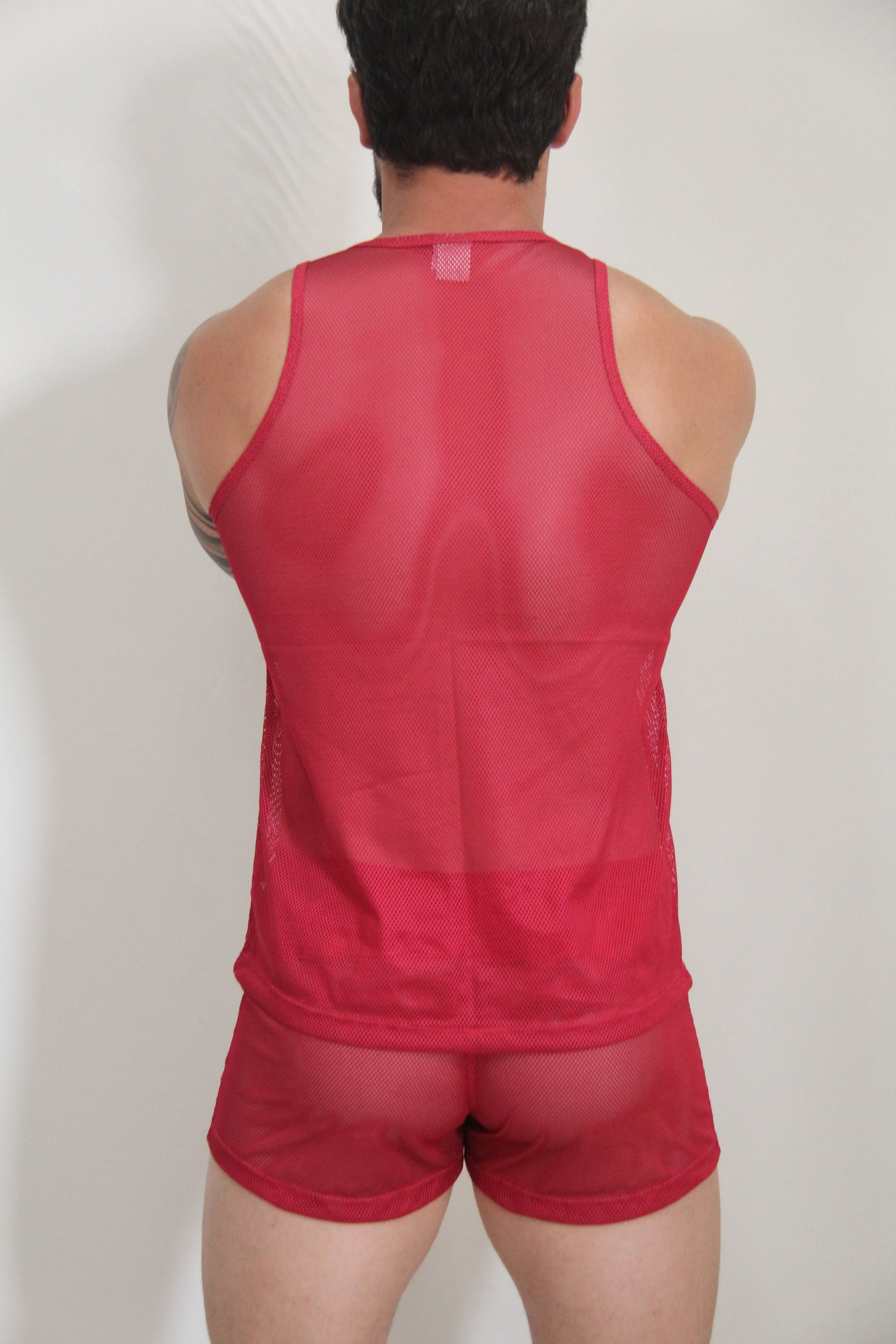Red mesh tank top and matching shorts set from circuit mesh tanks with breathable fabric in red color