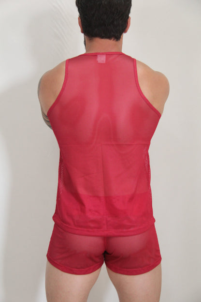 Red mesh tank top and matching shorts set from circuit mesh tanks with breathable fabric in red color