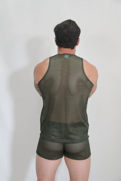 Olive green circuit mesh tank top with solid fabric bottom hem featuring breathable mesh material