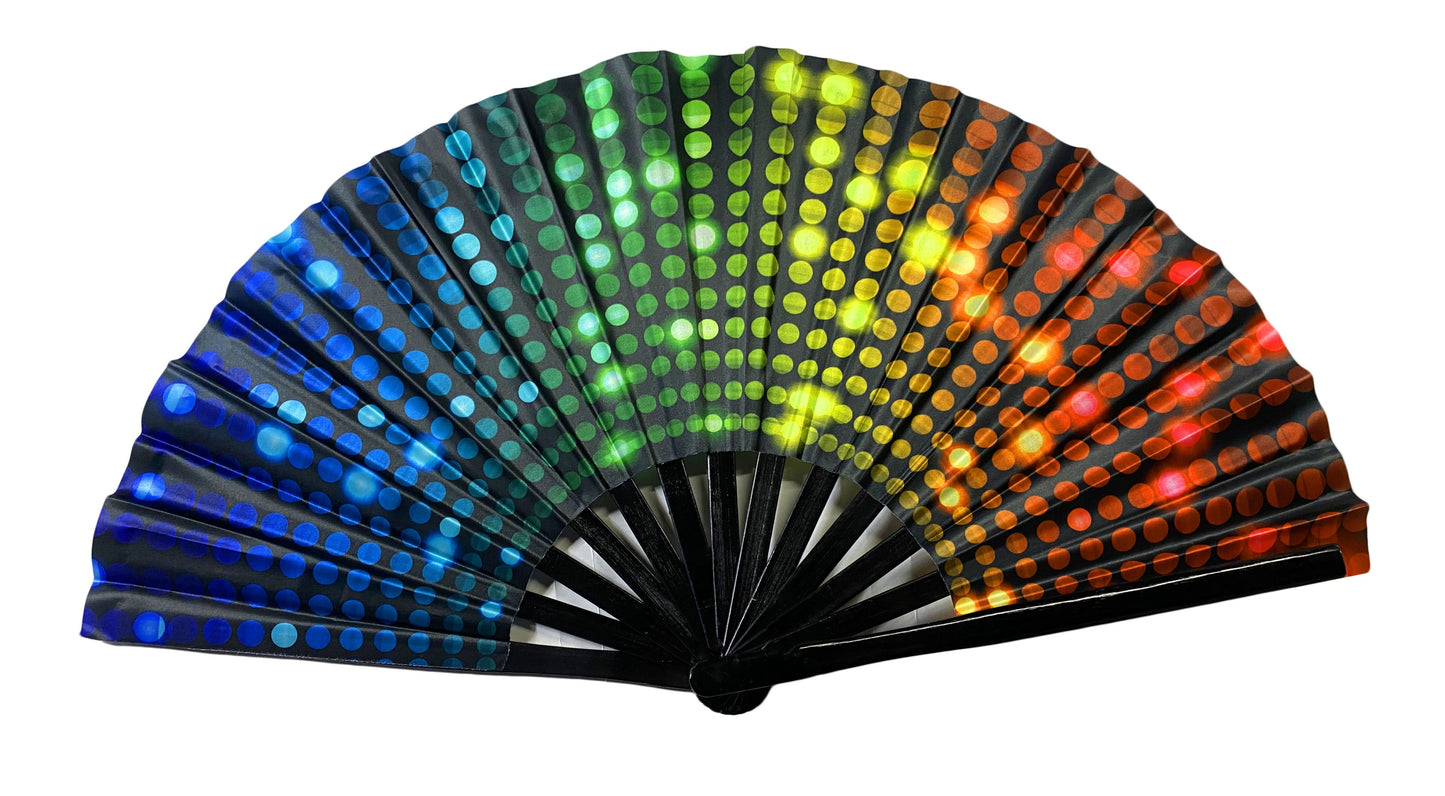 A black clack fan with vibrant rainbow led lights and glowing dots transitioning from blue to red