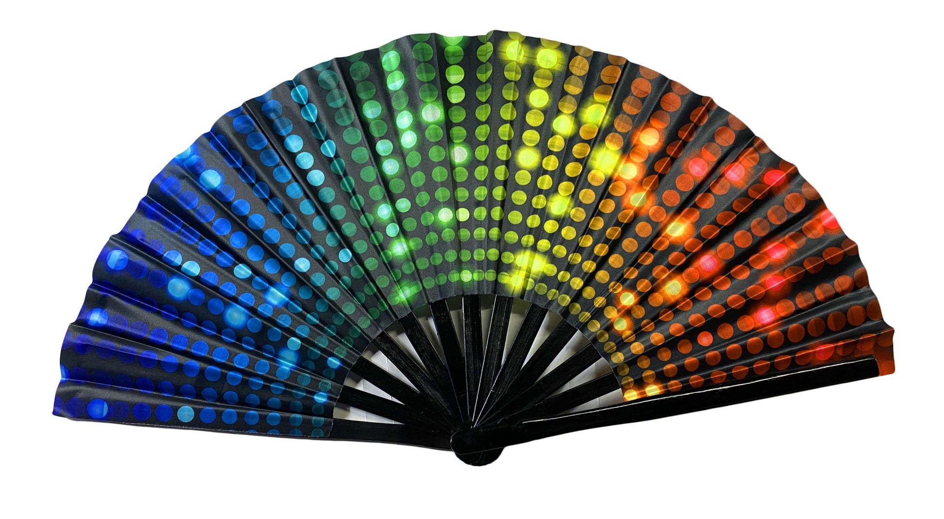 A black clack fan with vibrant rainbow led lights and glowing dots transitioning from blue to red