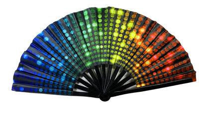 A black clack fan with vibrant rainbow led lights and glowing dots transitioning from blue to red