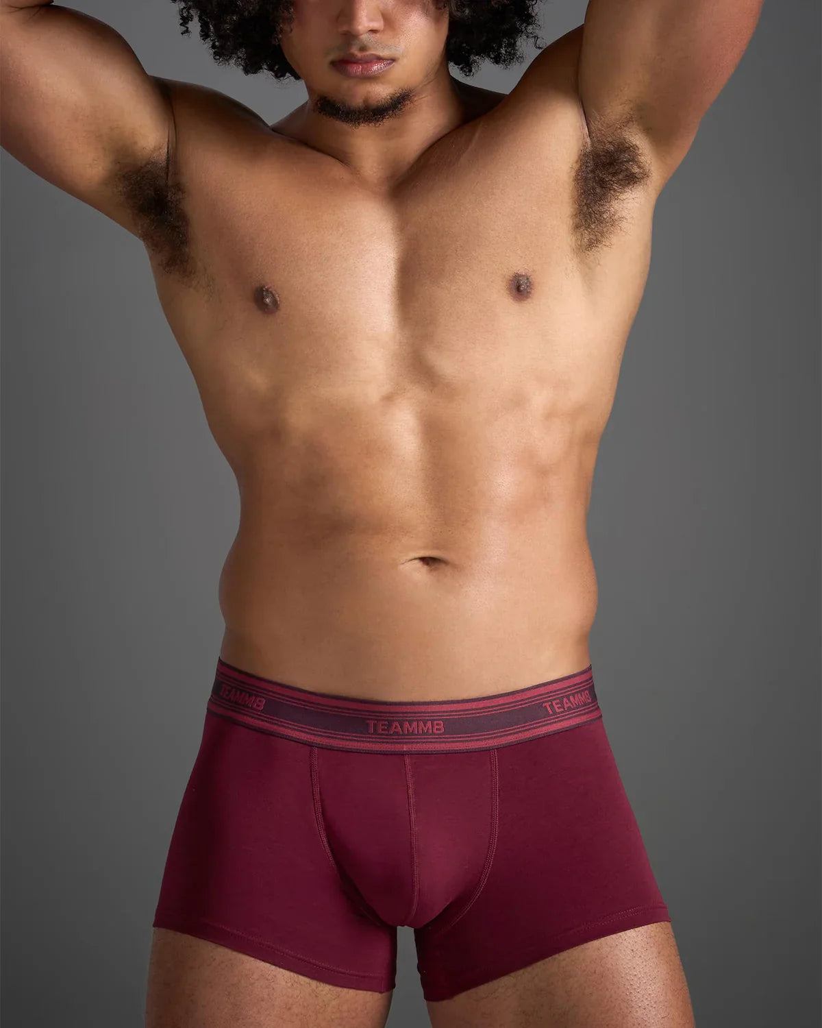Classic cotton trunk maroon boxer briefs with matching elastic waistband and subtle brand name lettering