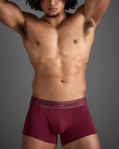 Classic cotton trunk maroon boxer briefs with matching elastic waistband and subtle brand name lettering