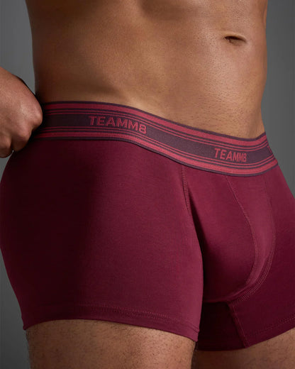 Classic cotton trunk maroon boxer briefs with pink and dark gray elastic waistband featuring brand name