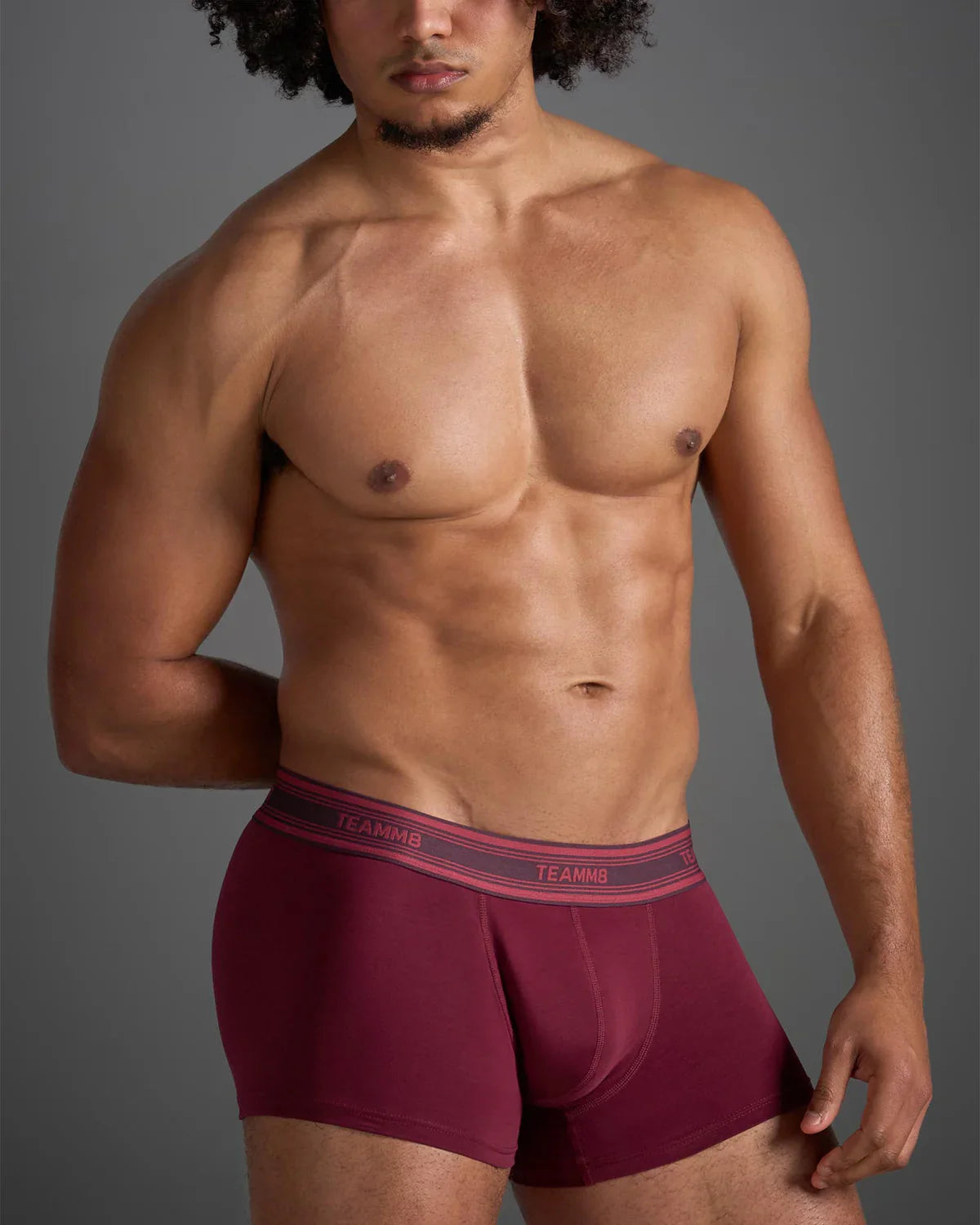 Classic cotton trunk maroon boxer briefs with pink and gray elastic waistband featuring teammb logo