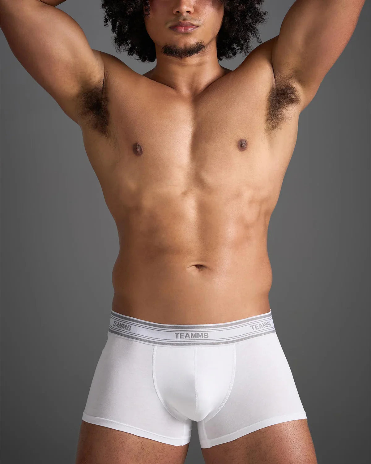 White teammb classic cotton trunk boxer briefs with gray elastic waistband and black brand name lettering