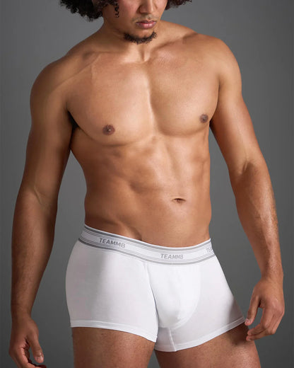White classic cotton trunk boxer briefs with gray elastic waistband featuring repeating brand name lettering
