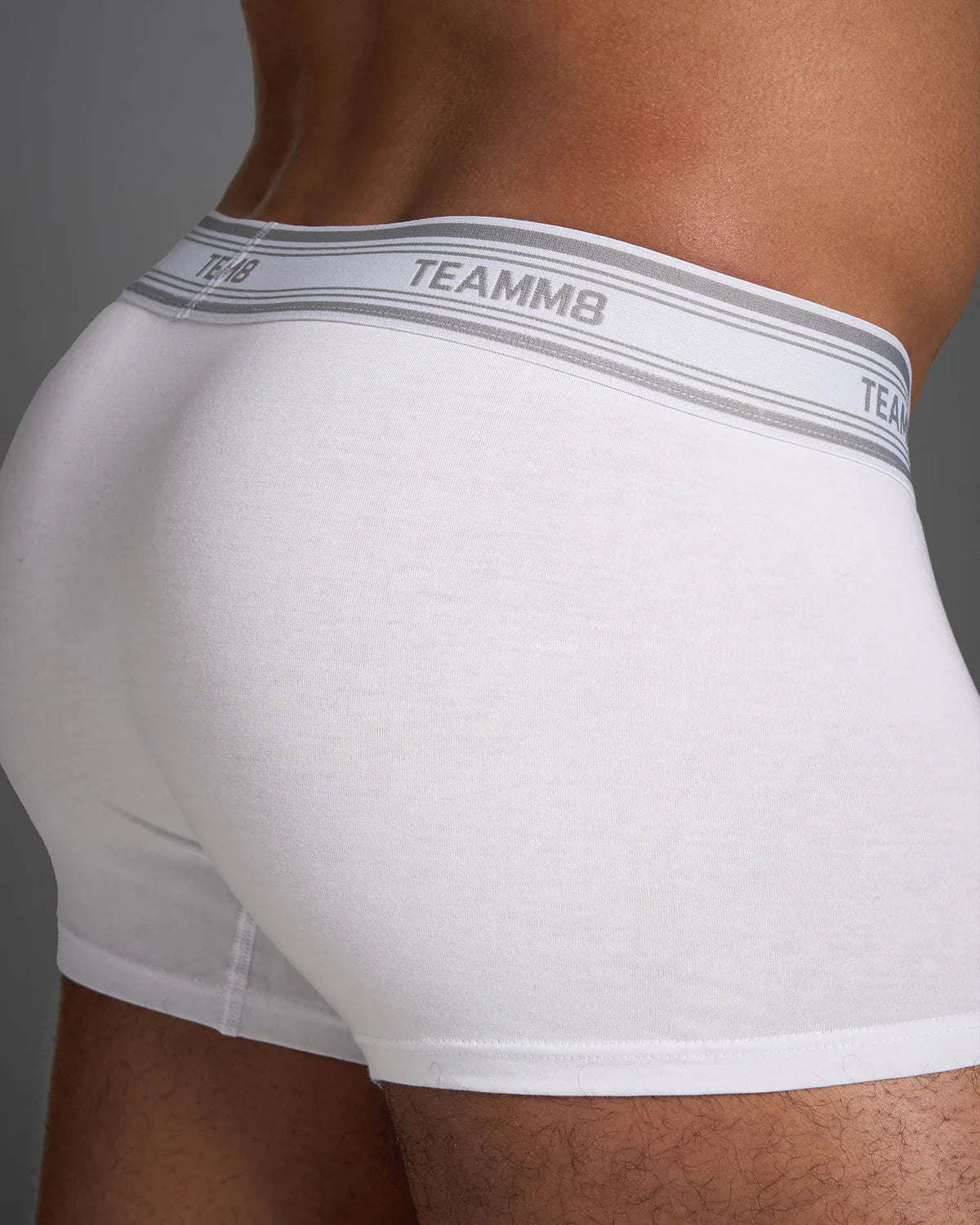 White classic cotton trunk boxer briefs with gray elastic waistband and black brand name lettering
