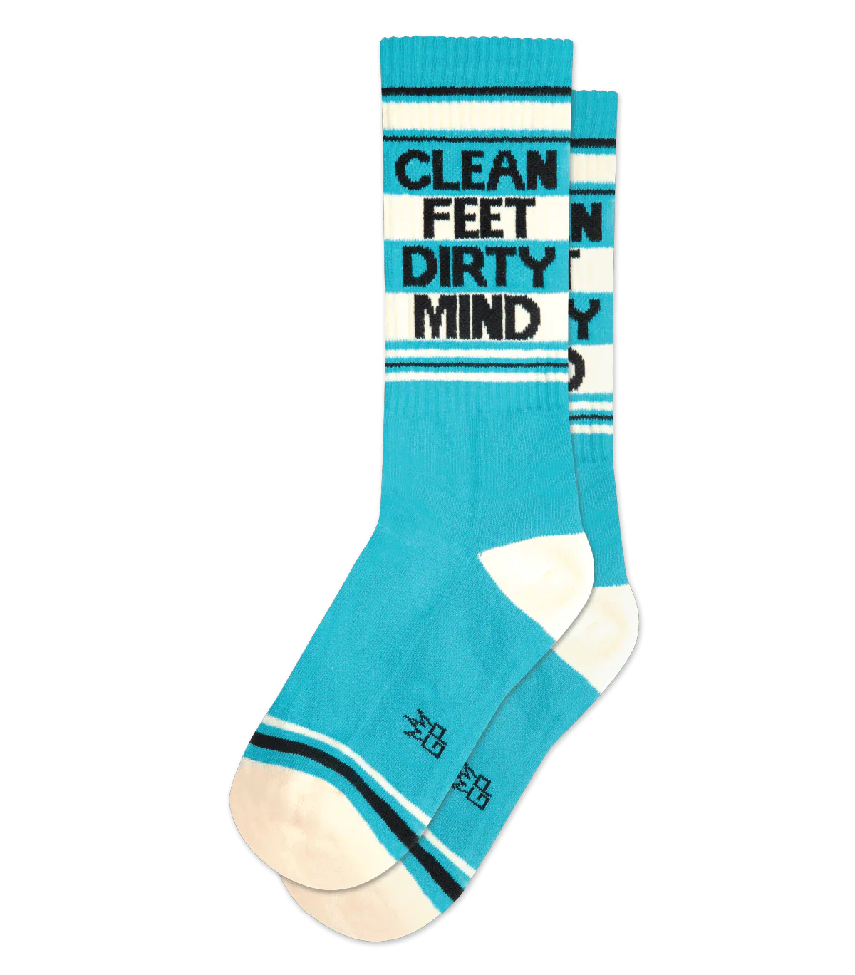Turquoise and white striped crew socks with clean feet dirty mind text on the cuff for casual wear