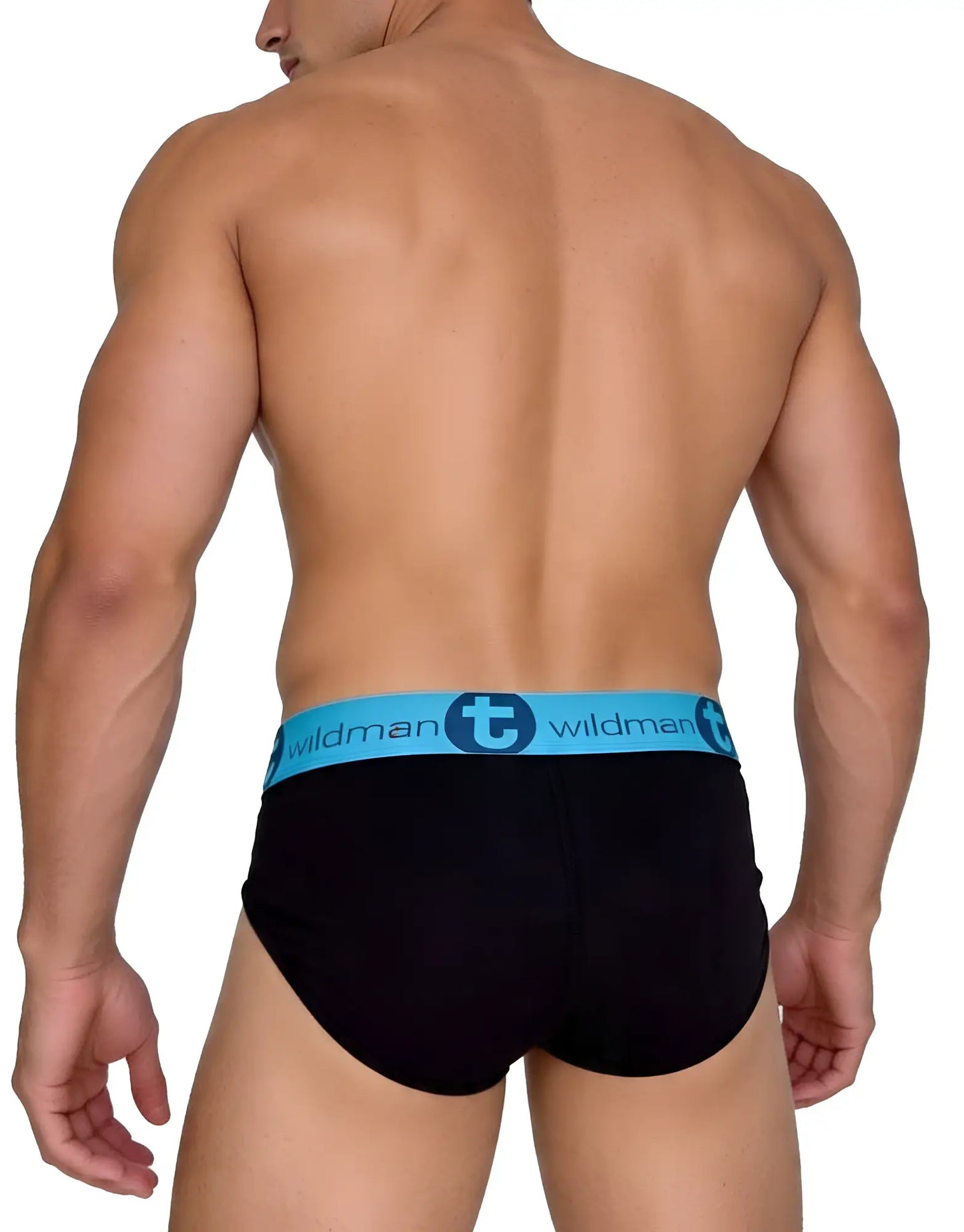 Back view of man wearing black WildmanT cotton briefs with a bright blue elastic waistband featuring the brand logo.