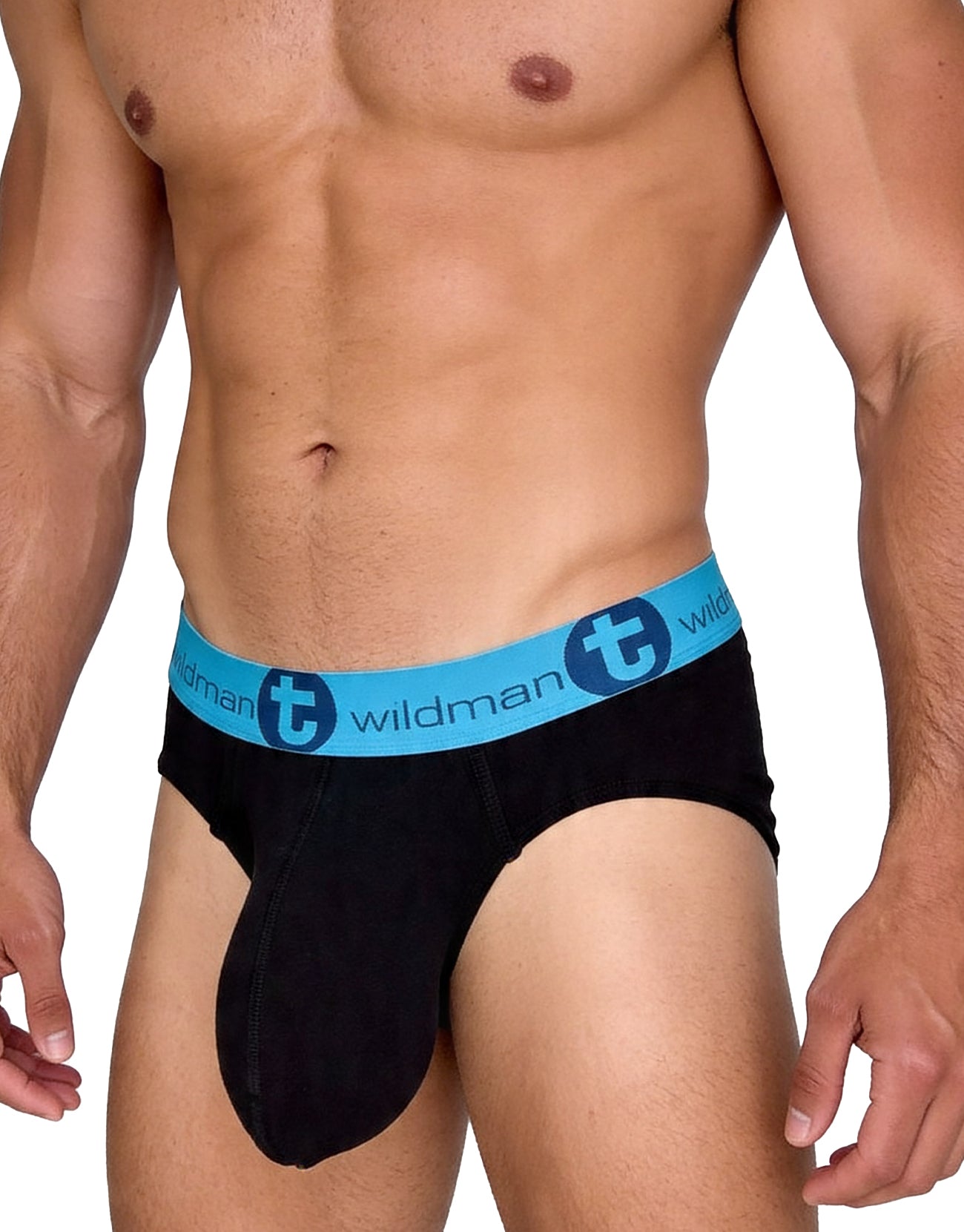 WildmanT Big Boy pouch briefs in black cotton with a bright blue elastic waistband featuring the WildmanT logo.