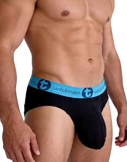 Black cotton briefs with a light blue WildmanT logo waistband and a contoured big boy pouch.