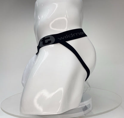 White WildmanT Big Boy pouch jockstrap on a mannequin, featuring a black branded waistband with a circular logo.