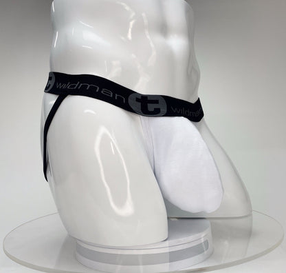 White WildmanT jockstrap with a large front pouch and a black branded waistband on a white mannequin torso.
