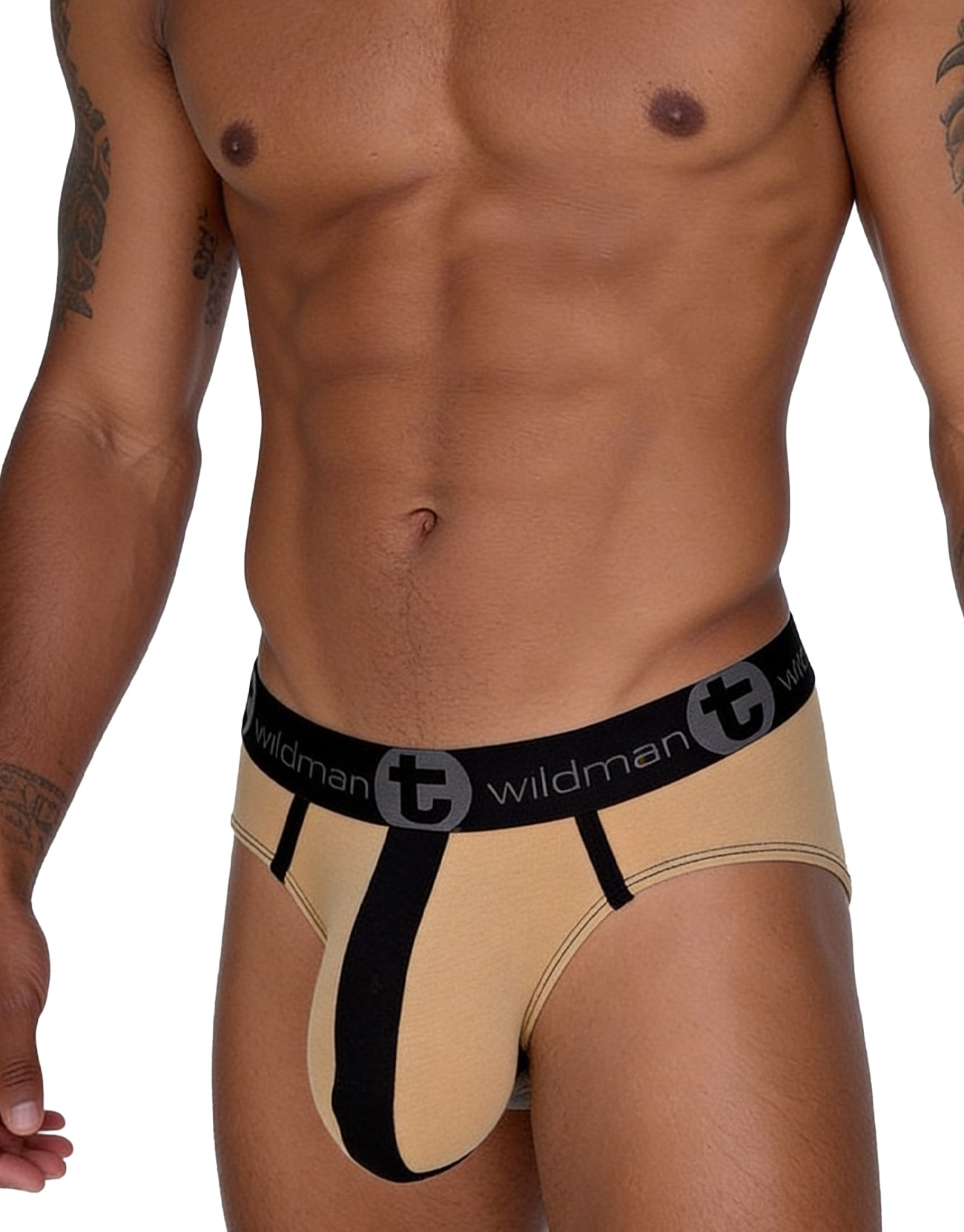 Tan cotton brief with a black vertical stripe, contour pouch, and black waistband featuring the Wildman logo.