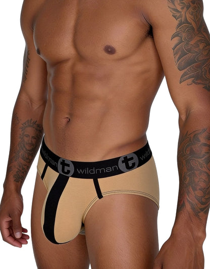 Tan cotton brief with a black pouch stripe and black elastic waistband featuring the "wildman" logo.